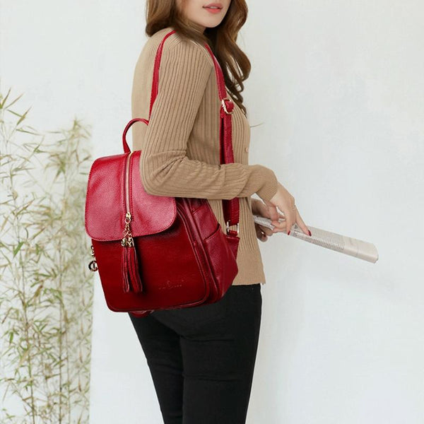 Leather Travel Backpack Anti Theft Compact Red Backpacks