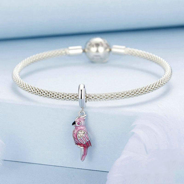 925 Sterling Silver Platinum Plated Pink Parrot Pendant Charms & Pendants