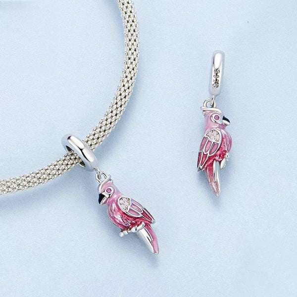 925 Sterling Silver Platinum Plated Pink Parrot Pendant Charms & Pendants