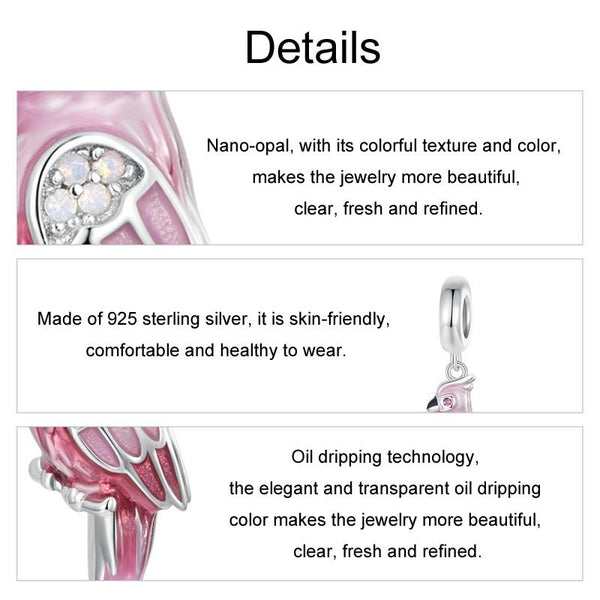 925 Sterling Silver Platinum Plated Pink Parrot Pendant Charms & Pendants
