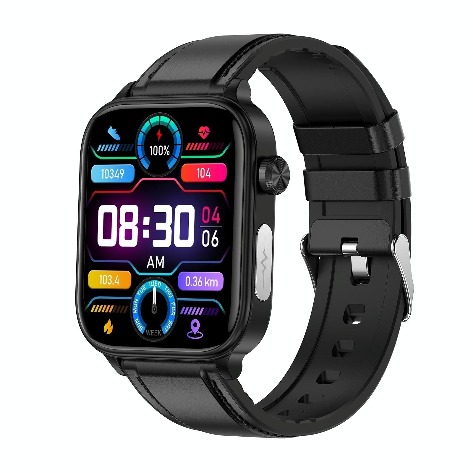 1.96 Inch Colour Screen Smart Watch Leather Strap Support Bluetooth Call / Ecg Black Smart Watches