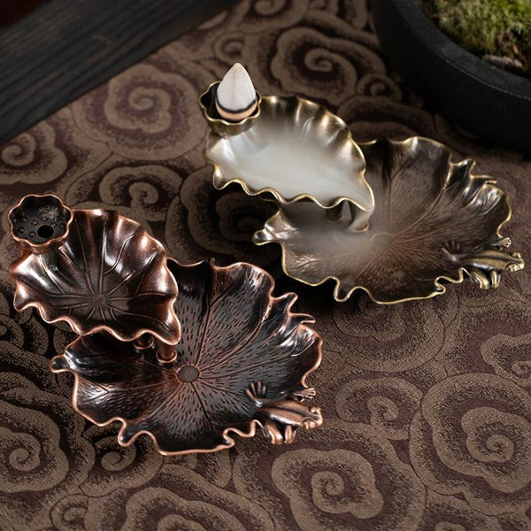 Bronze Lotus Leaf Inverted Incense Burner Antique Indoor Copper Colour Candle Holders & Accessories