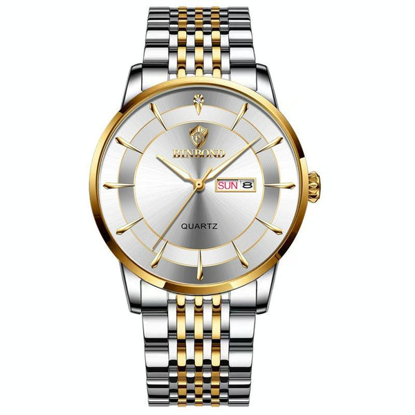 Waterproof Quartz Men Watch With Luminous Butterfly Buckle And Steel Belt 30M Inter Gold White Watches