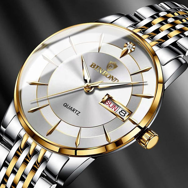 Waterproof Quartz Men Watch With Luminous Butterfly Buckle And Steel Belt 30M Inter Gold White Watches
