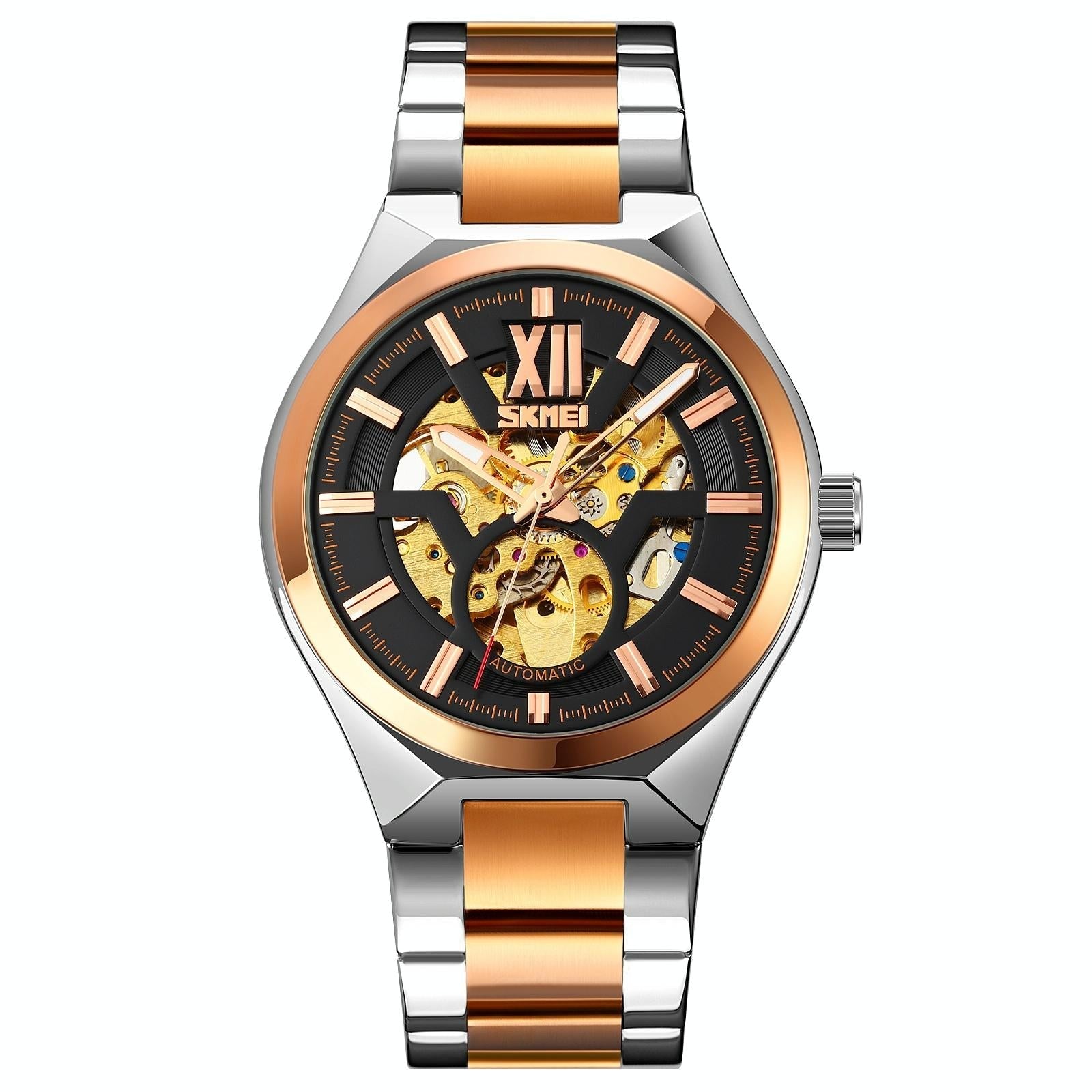 Men Automatic Mechanical Watch With Two Tone Stainless Steel Strap Middle Rose Gold Shell Black Surface Watches