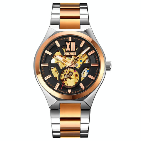 Men Automatic Mechanical Watch With Two Tone Stainless Steel Strap Middle Rose Gold Shell Black Surface Watches