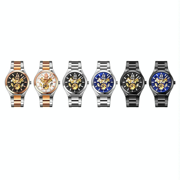 Men Automatic Mechanical Watch With Two Tone Stainless Steel Strap Middle Rose Gold Shell Black Surface Watches
