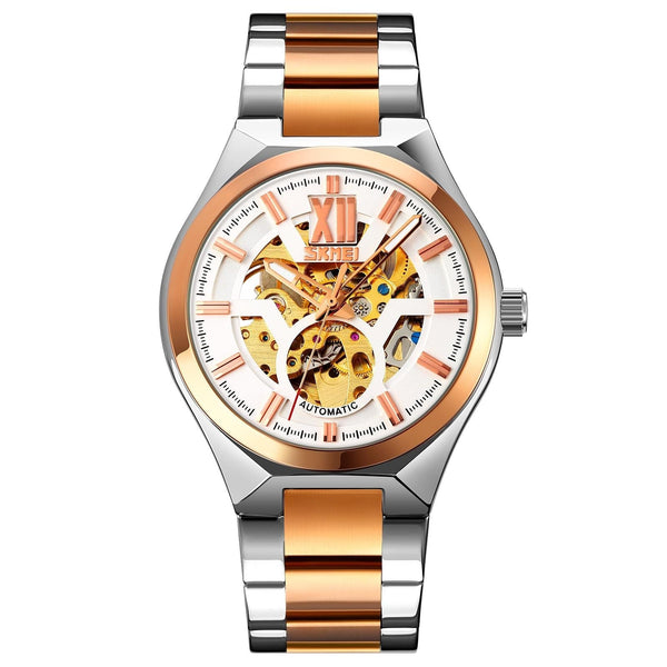 Men Automatic Mechanical Watch With Two Tone Stainless Steel Strap Middle Rose Gold Shell Black Surface Watches