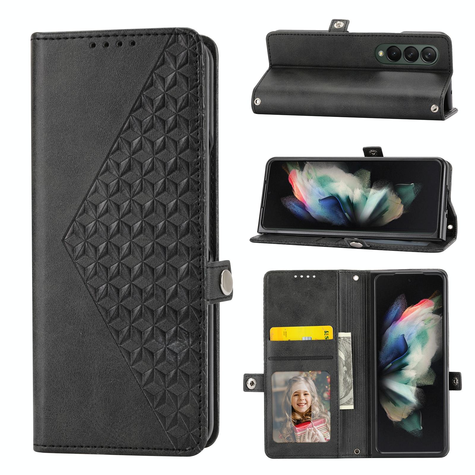 For Samsung Galaxy Z Fold4 5G Textured Leather Phone Case Cubic Grid Design Black Cases Covers & Skins