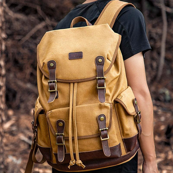 Travel Ready Retro Canvas Backpack Spacious Design Gray Backpacks