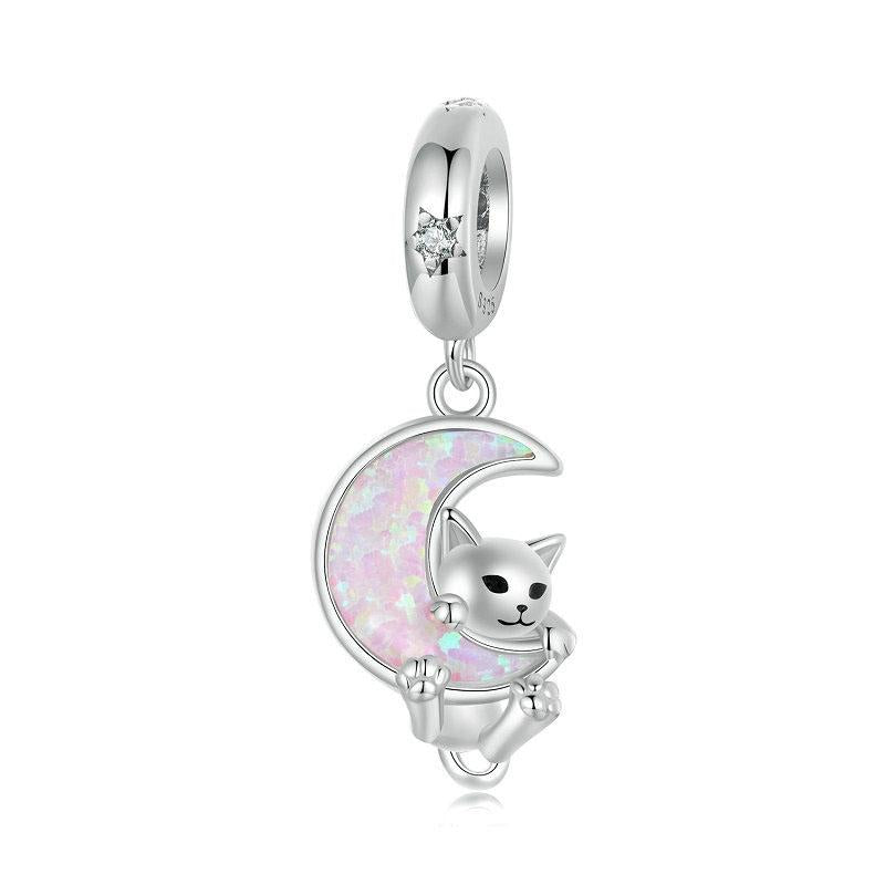 925 Sterling Silver Fantasy Moon Cat Pendant Plated Charms & Pendants