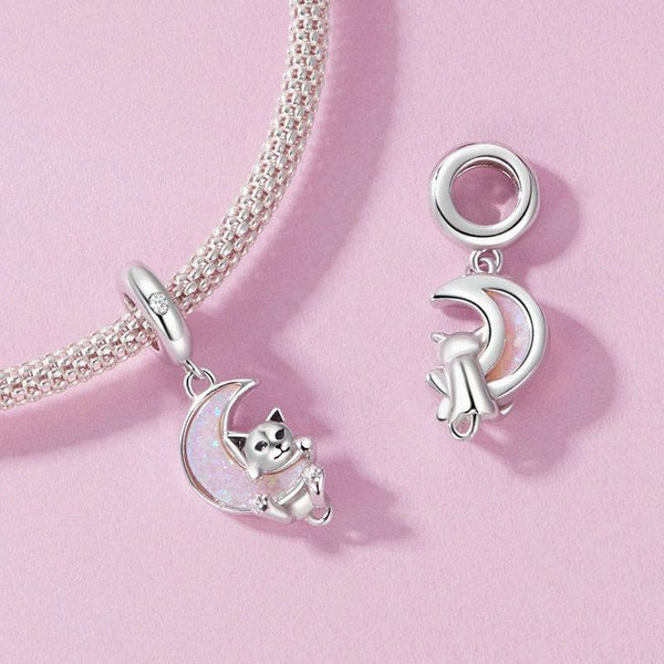 925 Sterling Silver Fantasy Moon Cat Pendant Plated Charms & Pendants
