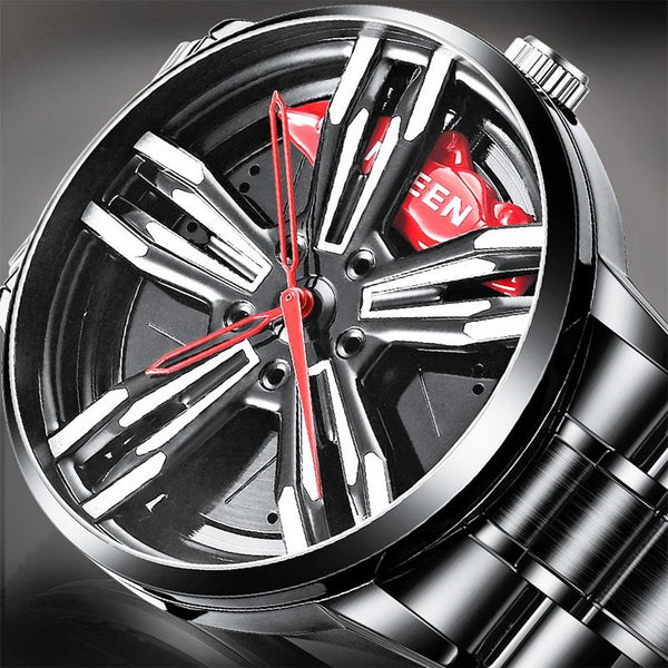 Men Metal Motorcycle Watch With Rotating Hub Black Steel Red Surface Watches