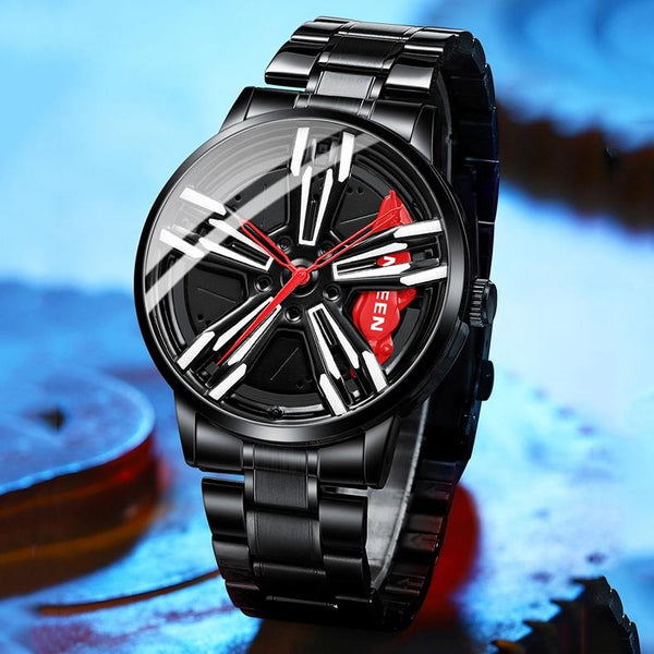 Men Metal Motorcycle Watch With Rotating Hub Black Steel Red Surface Watches