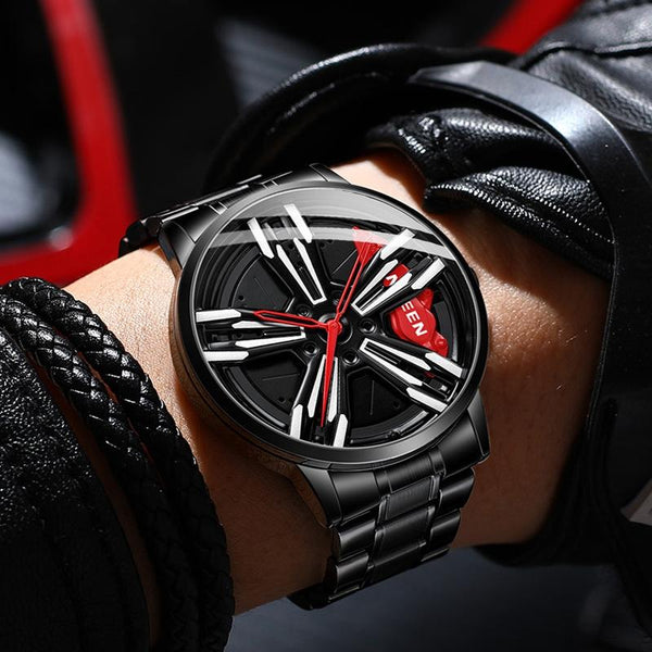 Men Metal Motorcycle Watch With Rotating Hub Black Steel Red Surface Watches