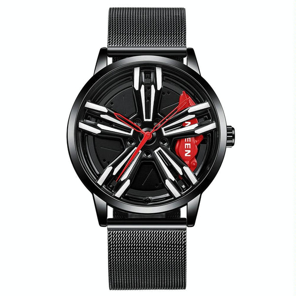 Men Metal Motorcycle Watch With Rotating Hub Black Steel Red Surface Watches
