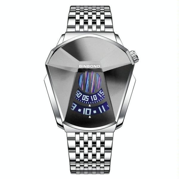 Men Diamond Dial Quartz Watch Locomotive Concept White Steel Surface Watches