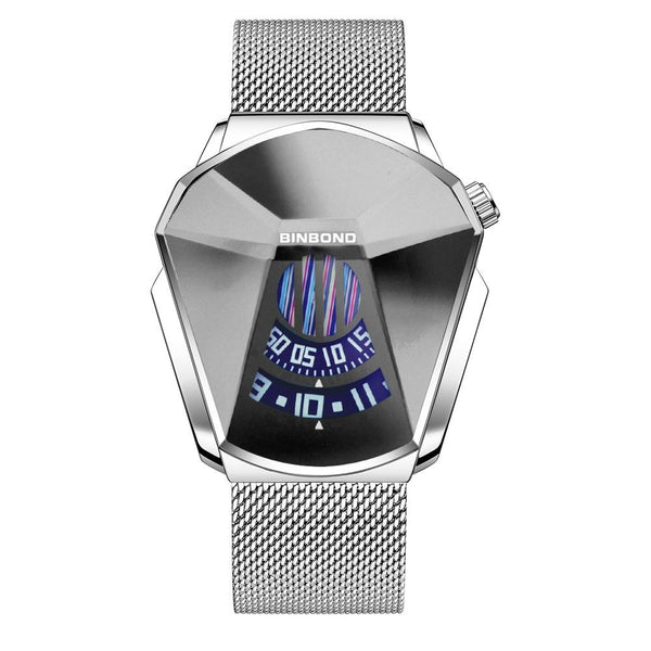 Men Diamond Dial Quartz Watch Locomotive Concept White Steel Surface Watches