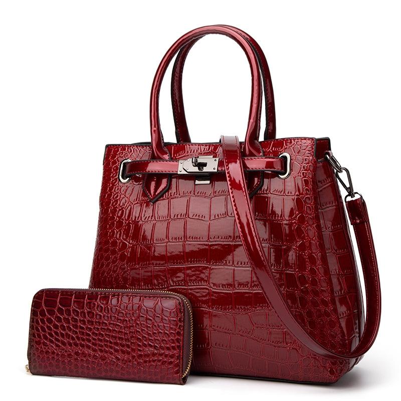 Large Capacity 2 In 1 Crocodile Patent Leather Shoulder Bag Wine Red Women's Bags & Handbags