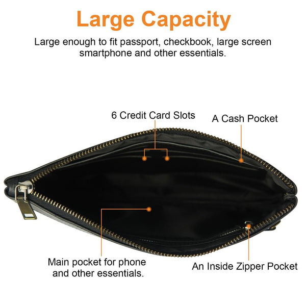 Leather Envelope Clutch With Zipper Closure Black Wallets