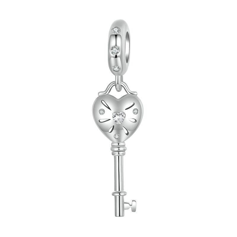 925 Sterling Silver Platinum Plated Heart Key Beaded Pendant Charms & Pendants