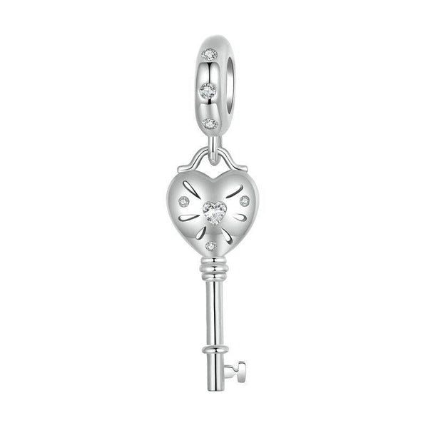 925 Sterling Silver Platinum Plated Heart Key Beaded Pendant Charms & Pendants