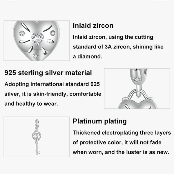 925 Sterling Silver Platinum Plated Heart Key Beaded Pendant Charms & Pendants