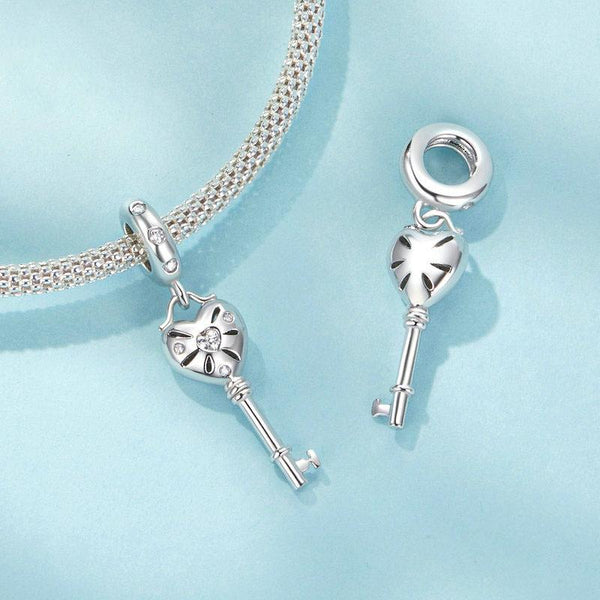 925 Sterling Silver Platinum Plated Heart Key Beaded Pendant Charms & Pendants
