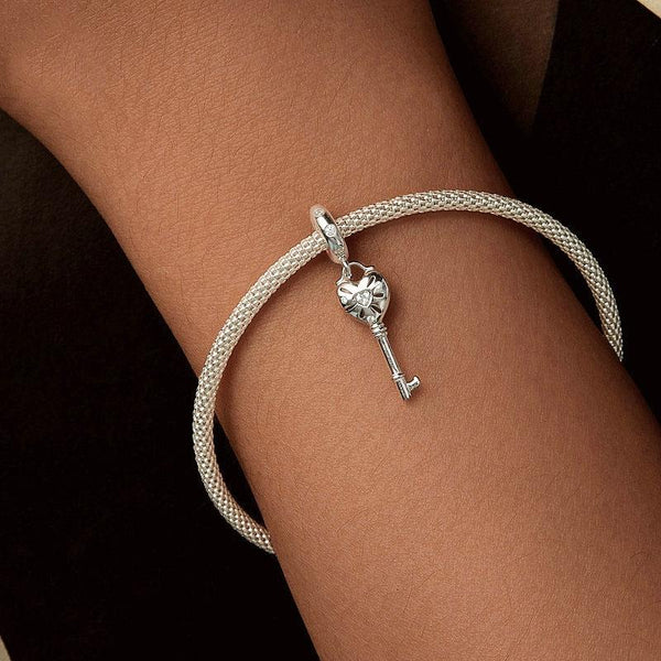 925 Sterling Silver Platinum Plated Heart Key Beaded Pendant Charms & Pendants