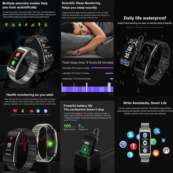 Smart Health Monitoring Bracelet With Bt Call And Leather Strap Black Steel Smart Watches
