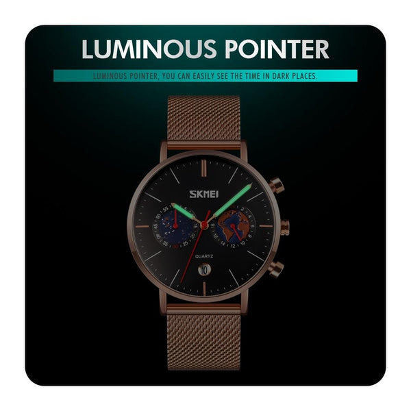 Men Stainless Steel Quartz Watch With Map Pattern Calendar 9231 Silver Watches