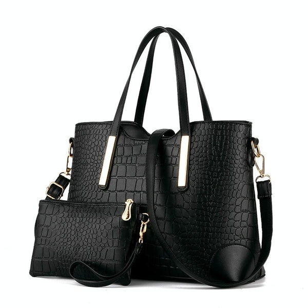 2 In 1 Messenger Bag With Crocodile Pattern And Leather Wallet Black Bags
