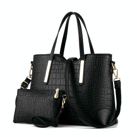 2 In 1 Messenger Bag With Crocodile Pattern And Leather Wallet Black Bags