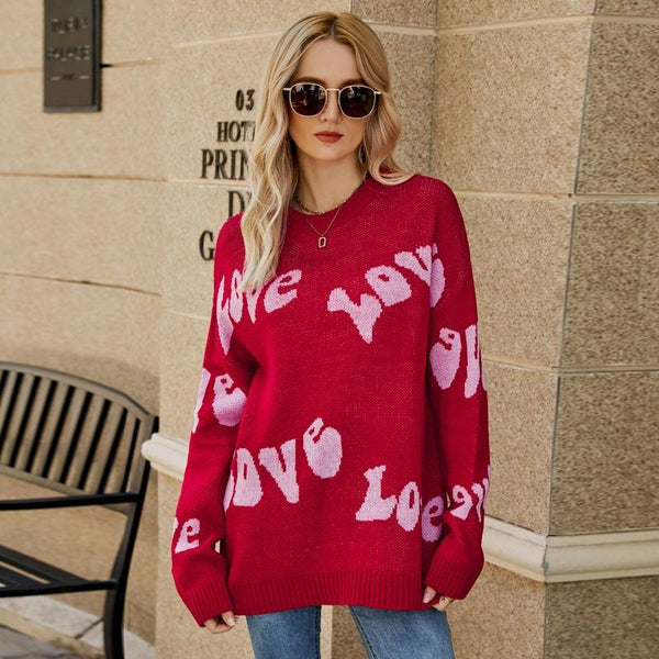 Women Round Neck Knitted Sweater Letters Jacquard Pullover Size Red Coats Jackets & Vests