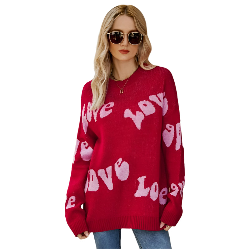 Women Round Neck Knitted Sweater Letters Jacquard Pullover Size Red Coats Jackets & Vests