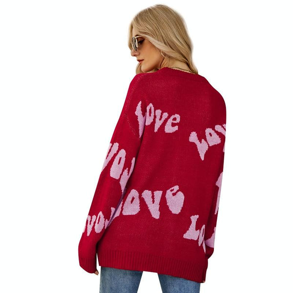 Women Round Neck Knitted Sweater Letters Jacquard Pullover Size Red Coats Jackets & Vests