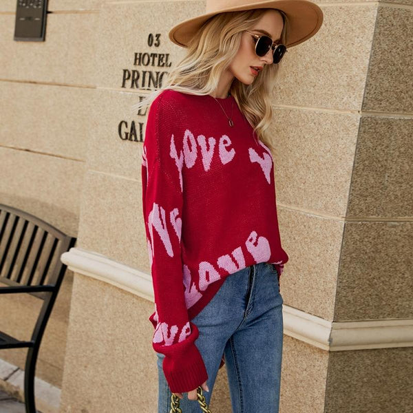 Women Round Neck Knitted Sweater Letters Jacquard Pullover Size Red Coats Jackets & Vests