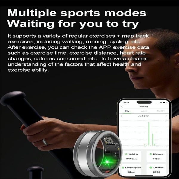 Smart Ring With Heart Rate Blood Oxygen Sleep & Sports Modes Size 12 Black Activity Trackers