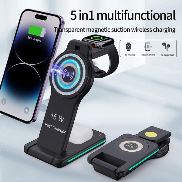 5 In 1 Magnetic Wireless Charger Foldable Black Chargers & Cradles