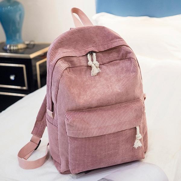 Corduroy School Backpack For Girls And Women Light Grey Backpacks & Bags