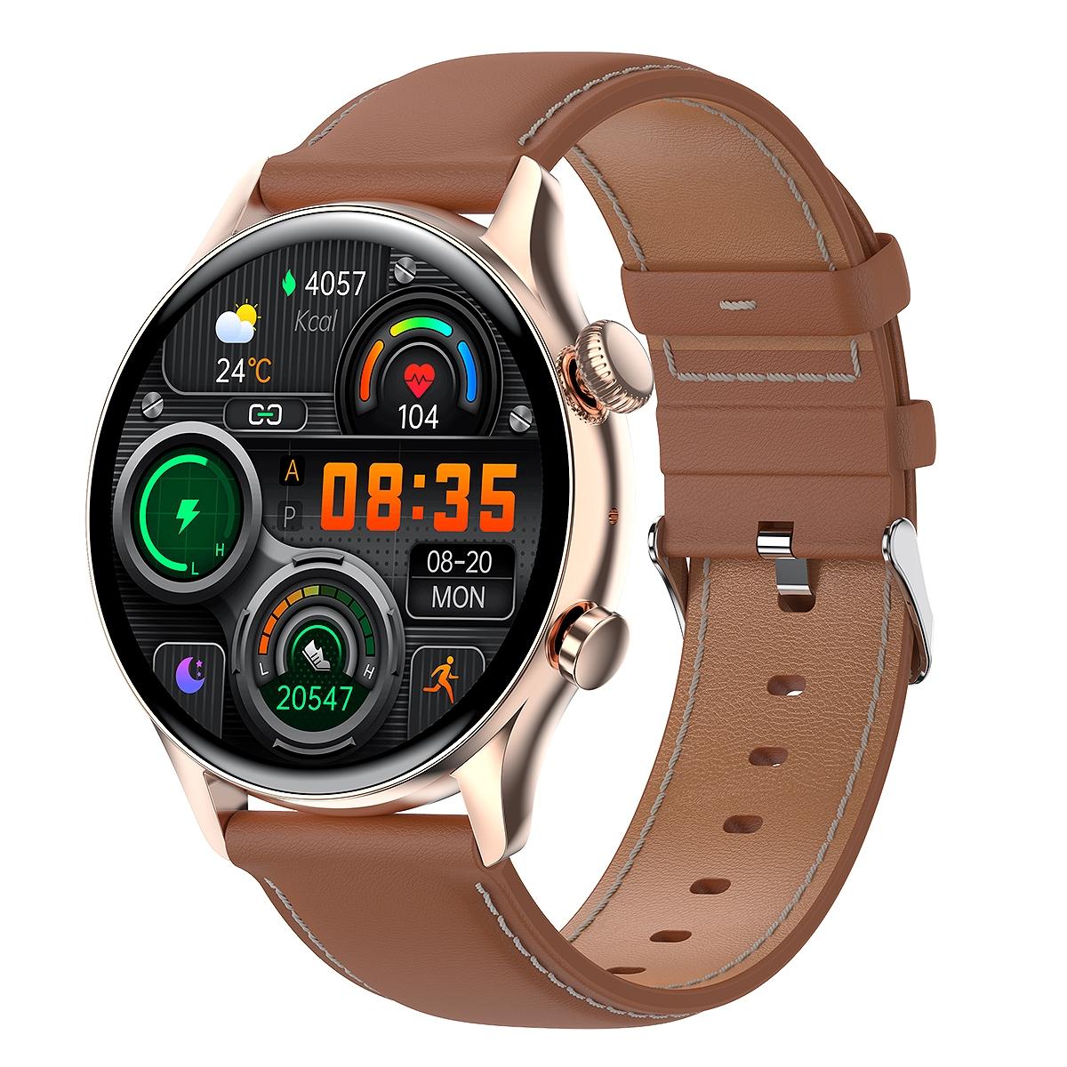 1.36 Inch Amoled Screen Leather Strap Smart Watch Support Nfc Function / Blood Oxygen Monitoring Gold Smart Watches