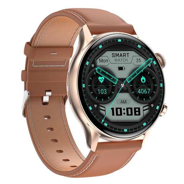 1.36 Inch Amoled Screen Leather Strap Smart Watch Support Nfc Function / Blood Oxygen Monitoring Gold Smart Watches