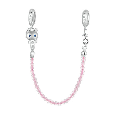 925 Sterling Silver Platinum Plated Cat Safety Chain Pendant Charms & Pendants