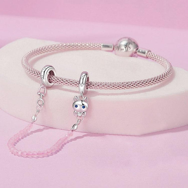 925 Sterling Silver Platinum Plated Cat Safety Chain Pendant Charms & Pendants