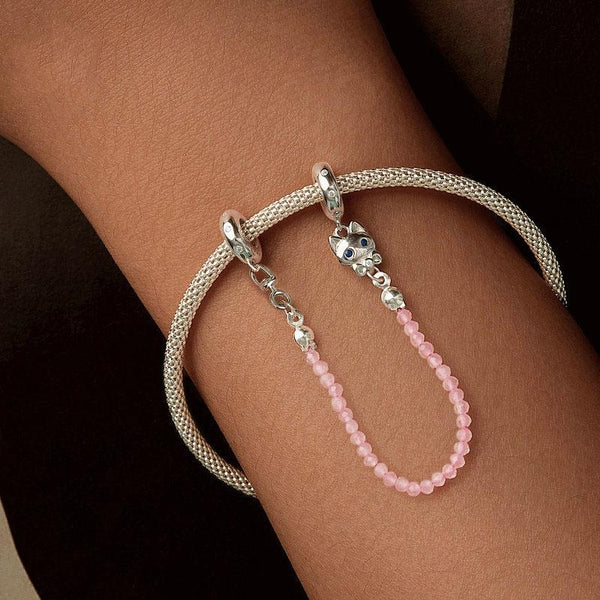 925 Sterling Silver Platinum Plated Cat Safety Chain Pendant Charms & Pendants