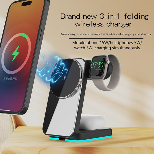 Foldable 3 In 1 Rgb Led Wireless Charger Black Chargers & Cradles