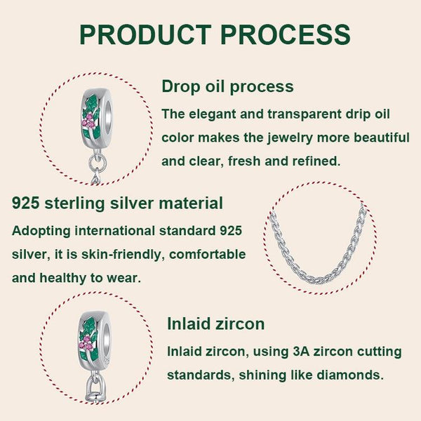 925 Sterling Silver Platinum Plated Leaf Safety Chain Bracelet Charms & Pendants