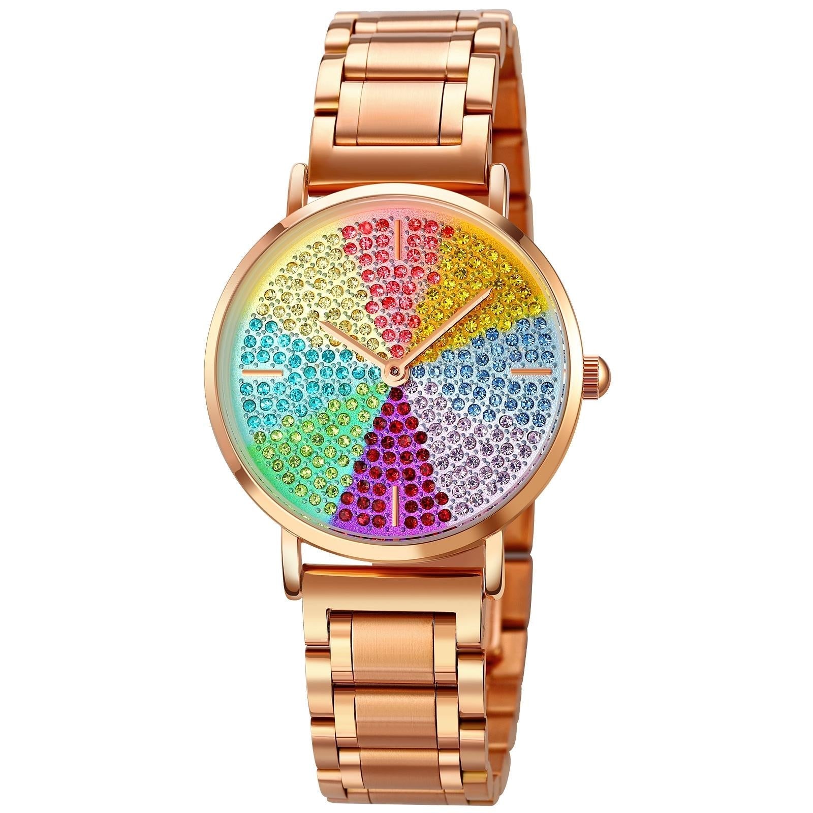 Women Rose Gold Steel Watch With Eight Colour Diamond Dial Watches