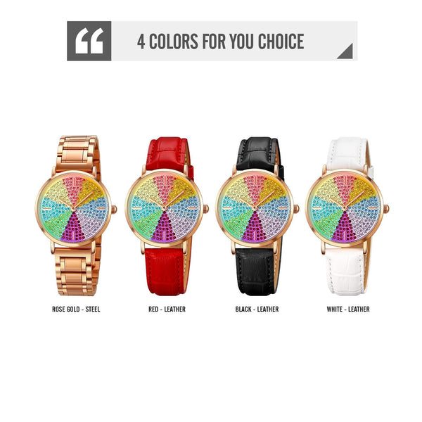 Women Rose Gold Steel Watch With Eight Colour Diamond Dial Watches