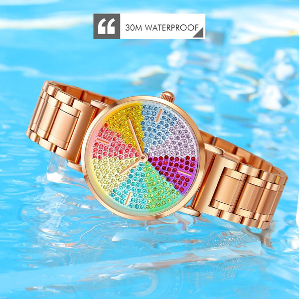 Women Rose Gold Steel Watch With Eight Colour Diamond Dial Watches